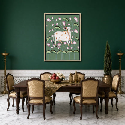 Immerse your space in tranquility with this exquisite Pichwai artwork featuring the sacred Kamdhenu for Dining