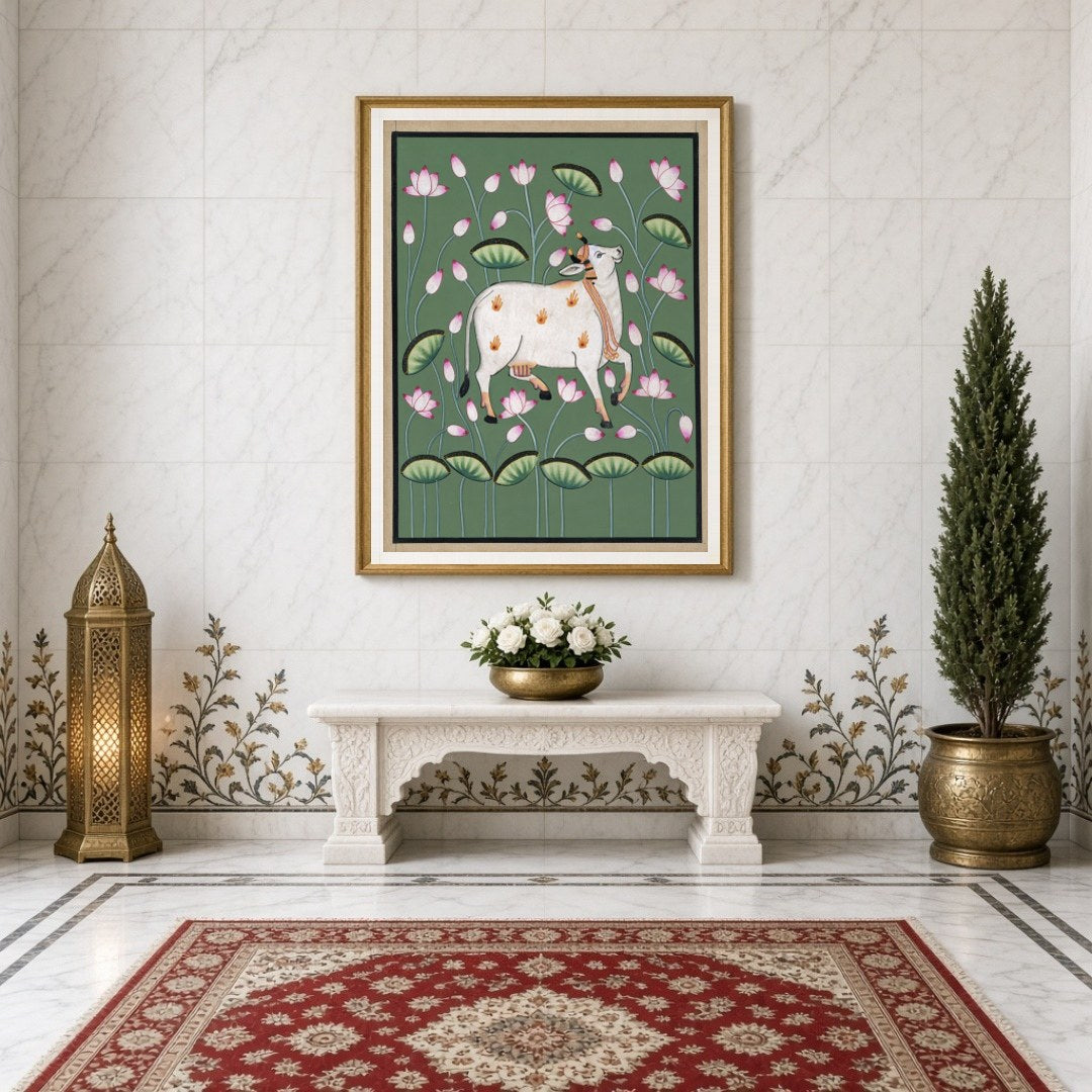 Immerse your space in tranquility with this exquisite Pichwai artwork featuring the sacred Kamdhenu for Entrance