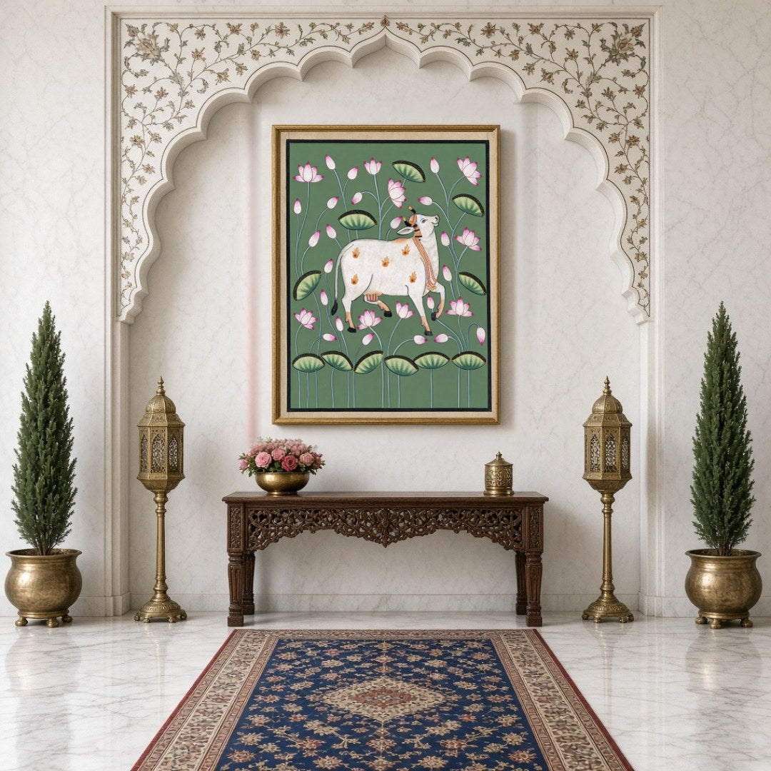 Immerse your space in tranquility with this exquisite Pichwai artwork featuring the sacred Kamdhenu for Hallway