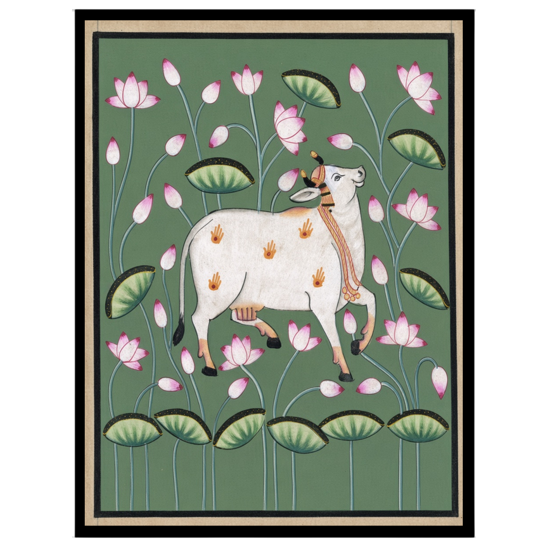 Immerse your space in tranquility with this exquisite Pichwai artwork featuring the sacred Kamdhenu for interior