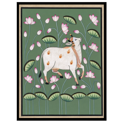 Immerse your space in tranquility with this exquisite Pichwai artwork featuring the sacred Kamdhenu for interior