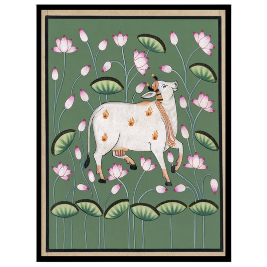 Immerse your space in tranquility with this exquisite Pichwai artwork featuring the sacred Kamdhenu for interior
