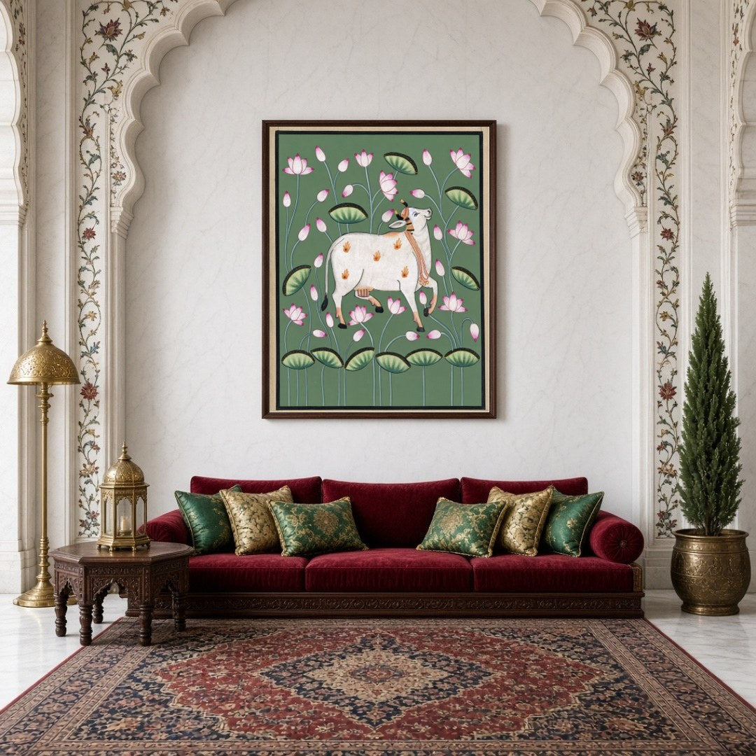 Immerse your space in tranquility with this exquisite Pichwai artwork featuring the sacred Kamdhenu for Living Room