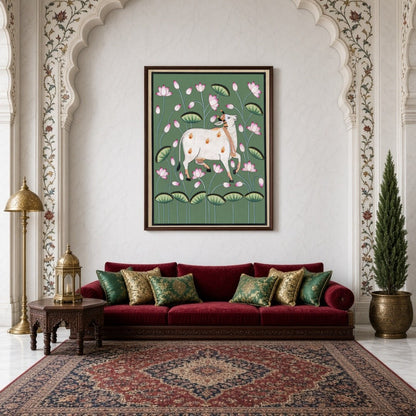 Immerse your space in tranquility with this exquisite Pichwai artwork featuring the sacred Kamdhenu for Living Room
