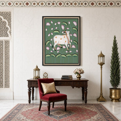 Immerse your space in tranquility with this exquisite Pichwai artwork featuring the sacred Kamdhenu for Study