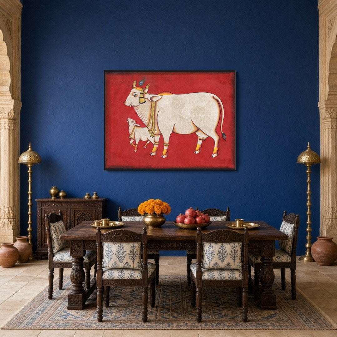 Elevate your space with this exquisite Pichwai artwork featuring the revered Kamdhenu and her calf, for Dining