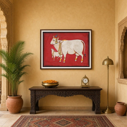 Elevate your space with this exquisite Pichwai artwork featuring the revered Kamdhenu and her calf, for Entrance