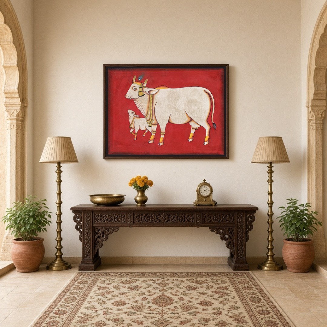 Elevate your space with this exquisite Pichwai artwork featuring the revered Kamdhenu and her calf, for Hallway