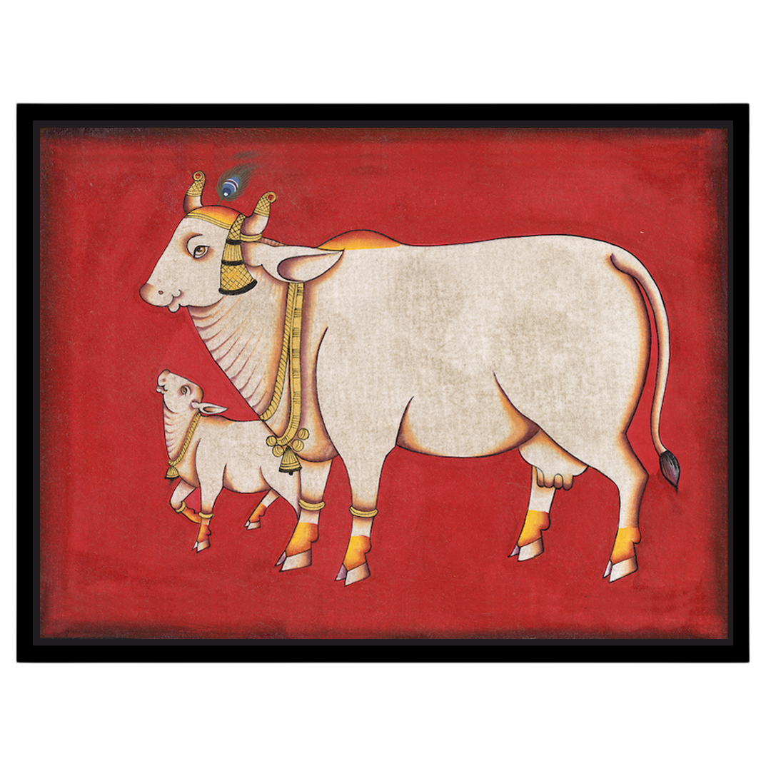 Elevate your space with this exquisite Pichwai artwork featuring the revered Kamdhenu and her calf, for house