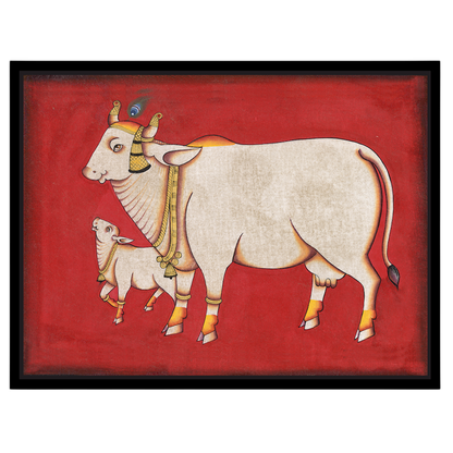Elevate your space with this exquisite Pichwai artwork featuring the revered Kamdhenu and her calf, for house