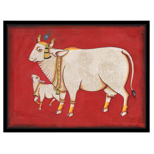 Elevate your space with this exquisite Pichwai artwork featuring the revered Kamdhenu and her calf, for house