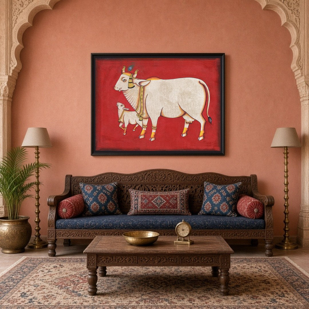 Elevate your space with this exquisite Pichwai artwork featuring the revered Kamdhenu and her calf, for Living Room