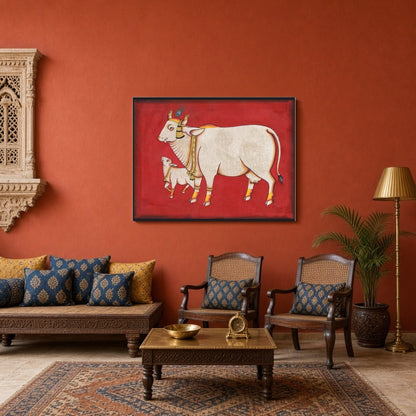 Elevate your space with this exquisite Pichwai artwork featuring the revered Kamdhenu and her calf, for Sitting Area