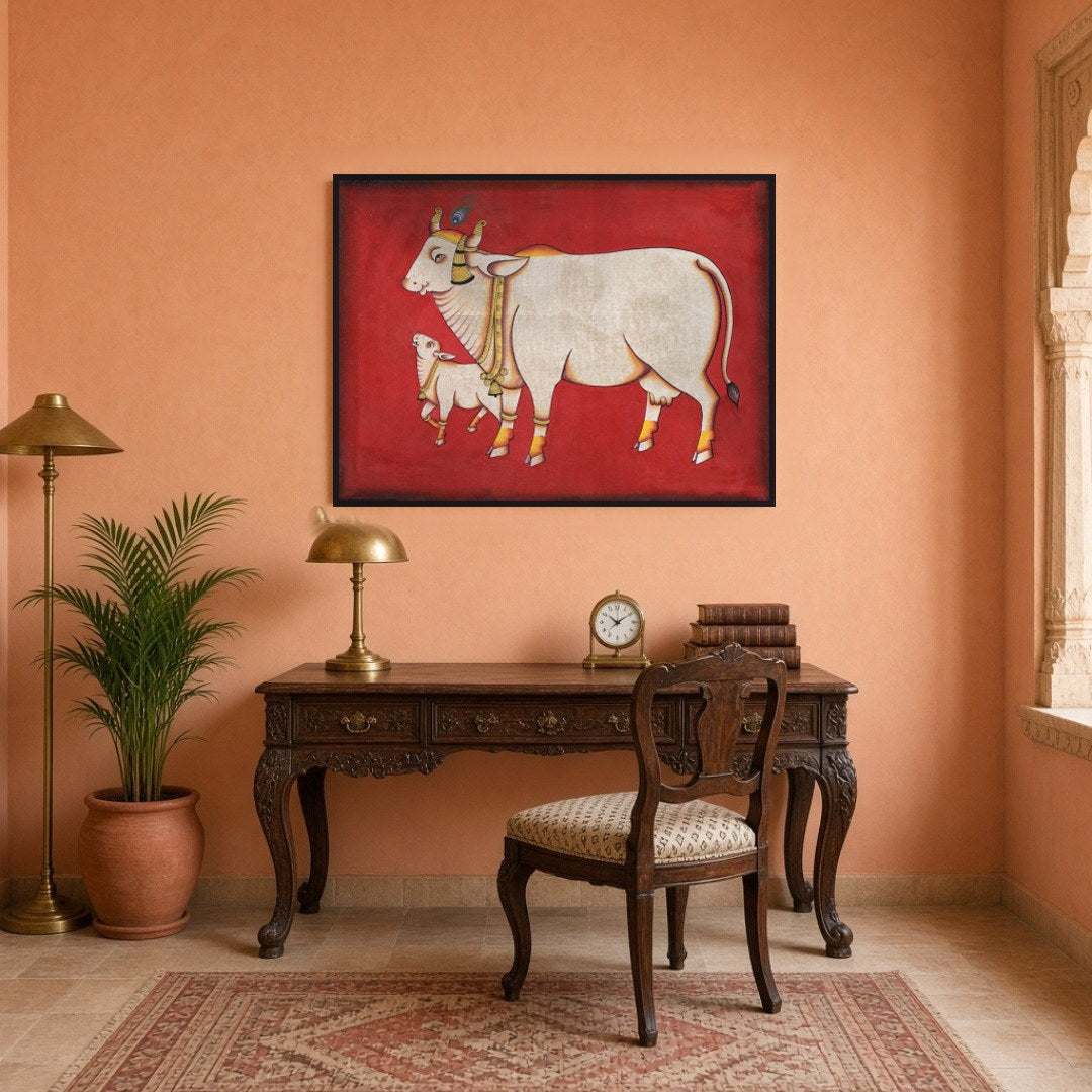 Elevate your space with this exquisite Pichwai artwork featuring the revered Kamdhenu and her calf, for Study