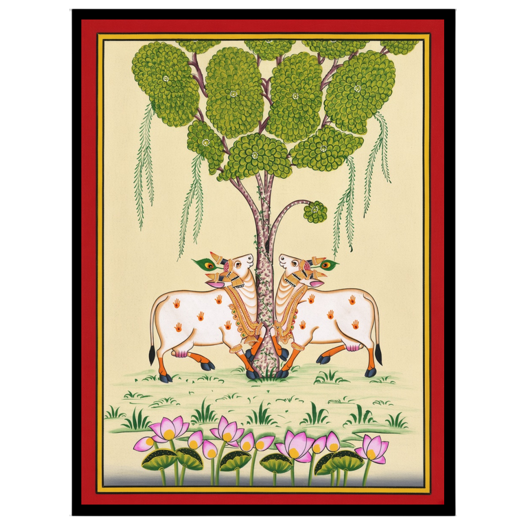 This exquisite Pichwai artwork captures the serene presence of the divine Kamdhenu cows beneath a for decor