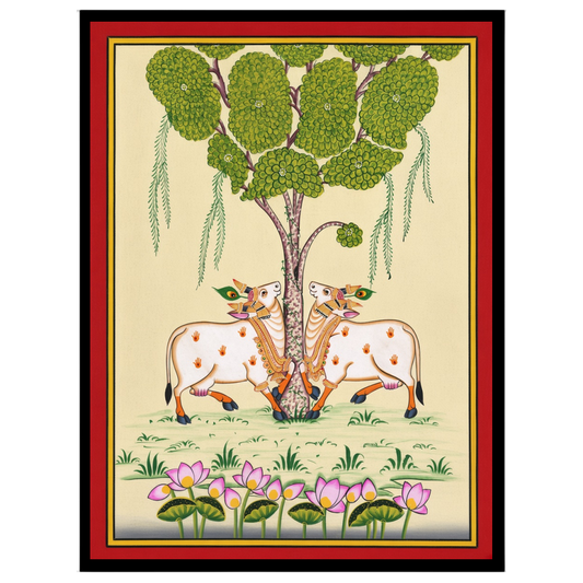 This exquisite Pichwai artwork captures the serene presence of the divine Kamdhenu cows beneath a for decor