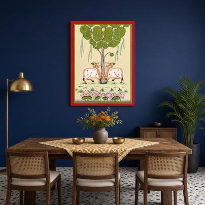 This exquisite Pichwai artwork captures the serene presence of the divine Kamdhenu cows beneath a for Dining