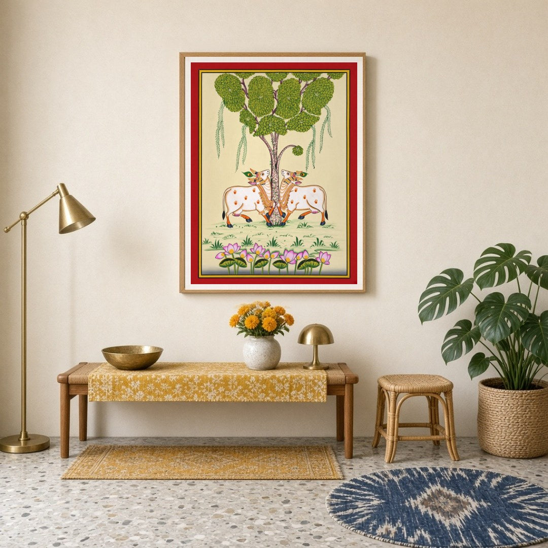 This exquisite Pichwai artwork captures the serene presence of the divine Kamdhenu cows beneath a for Entrance