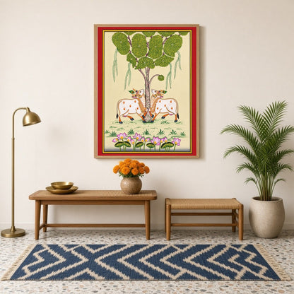 This exquisite Pichwai artwork captures the serene presence of the divine Kamdhenu cows beneath a for Hallway