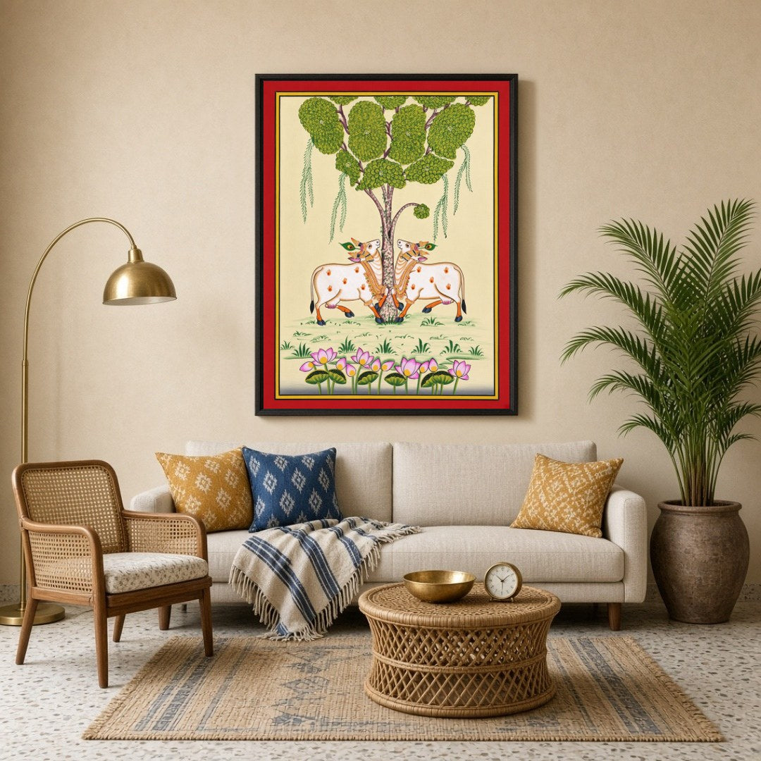 This exquisite Pichwai artwork captures the serene presence of the divine Kamdhenu cows beneath a for Living Room