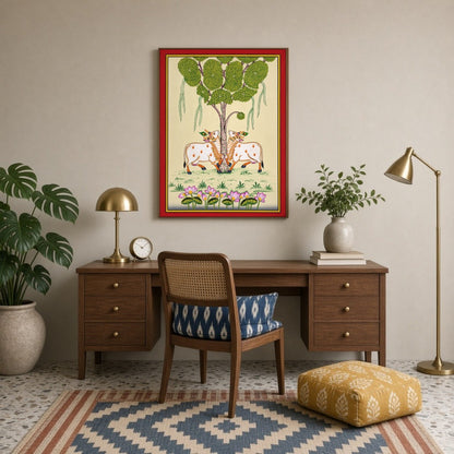 This exquisite Pichwai artwork captures the serene presence of the divine Kamdhenu cows beneath a for Study