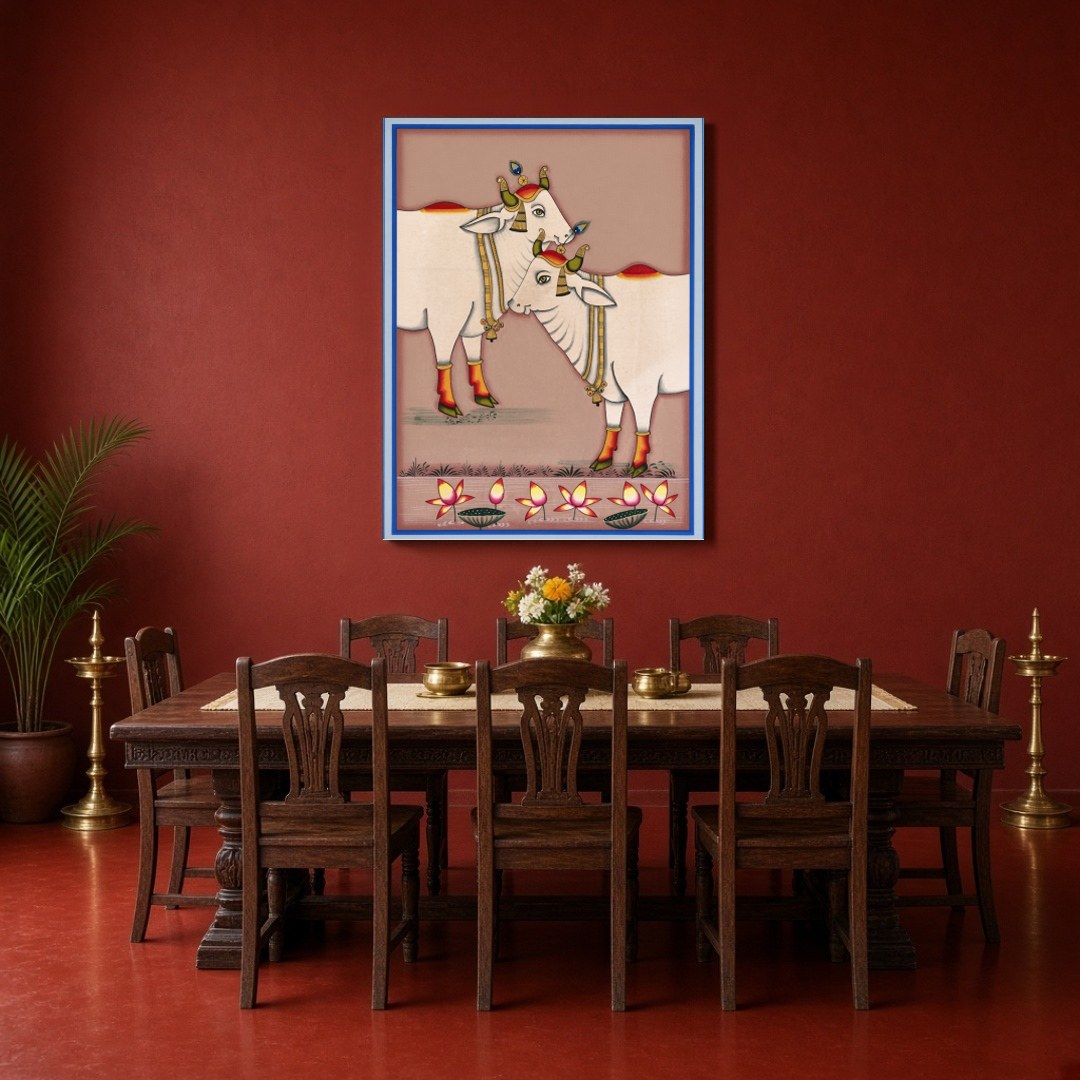 Experience the serene beauty of Kamdhenu as depicted in this exquisite Pichwai artwork. The for Dining