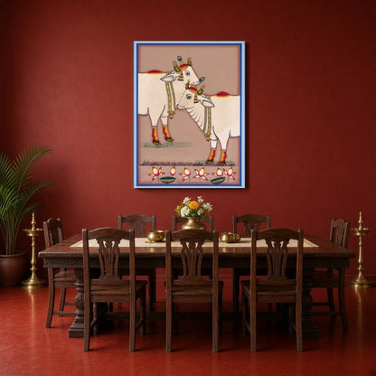 Experience the serene beauty of Kamdhenu as depicted in this exquisite Pichwai artwork. The for Dining