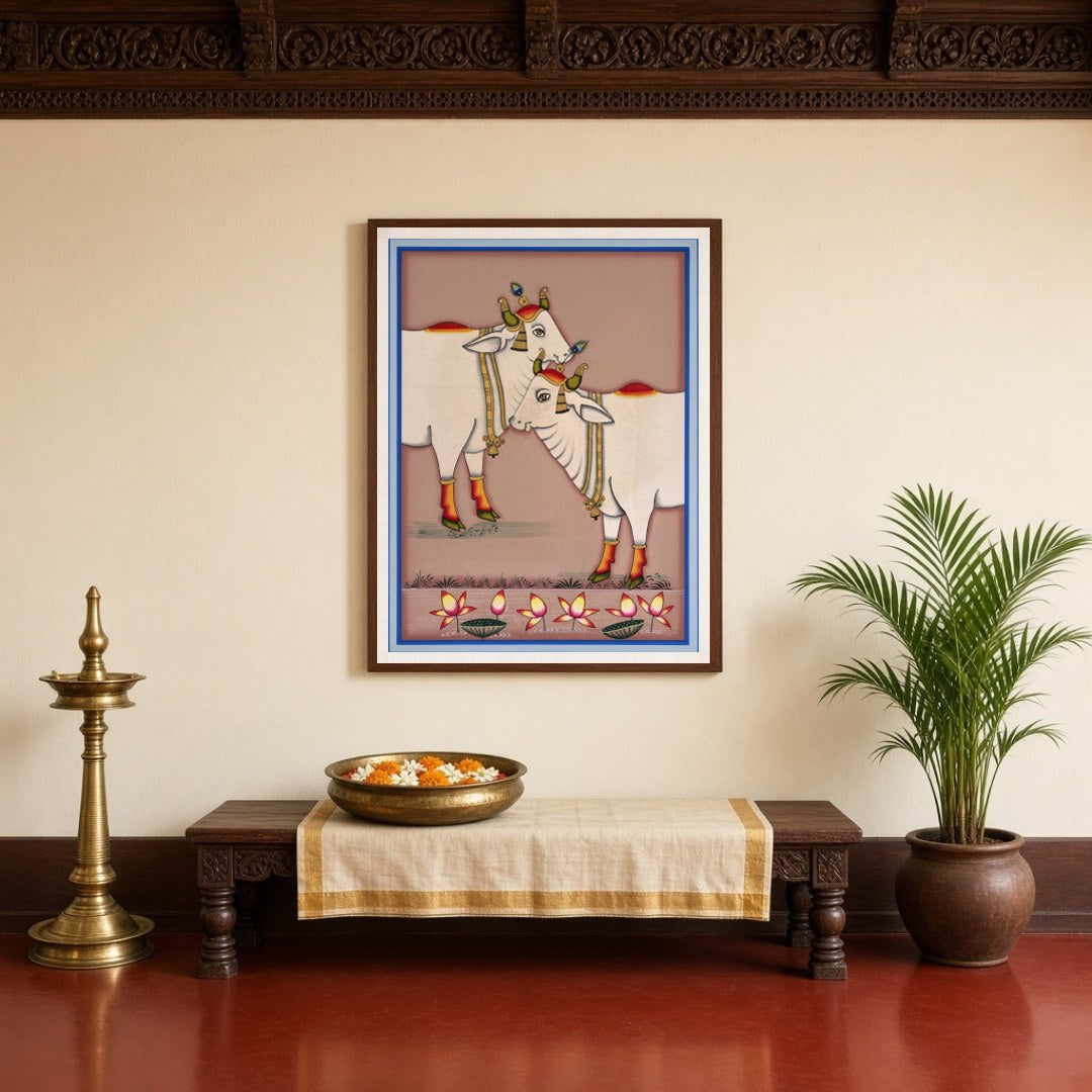 Experience the serene beauty of Kamdhenu as depicted in this exquisite Pichwai artwork. The for Entrance