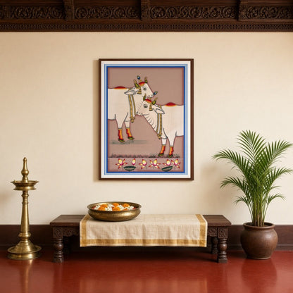 Experience the serene beauty of Kamdhenu as depicted in this exquisite Pichwai artwork. The for Entrance