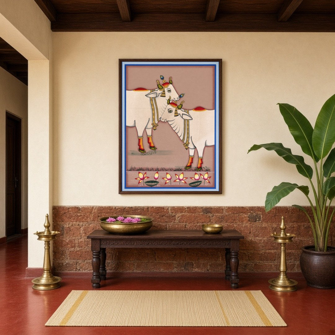 Experience the serene beauty of Kamdhenu as depicted in this exquisite Pichwai artwork. The for Hallway
