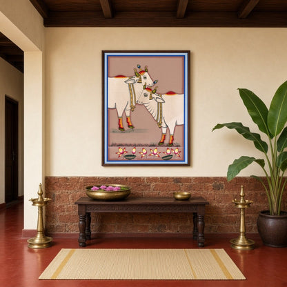 Experience the serene beauty of Kamdhenu as depicted in this exquisite Pichwai artwork. The for Hallway