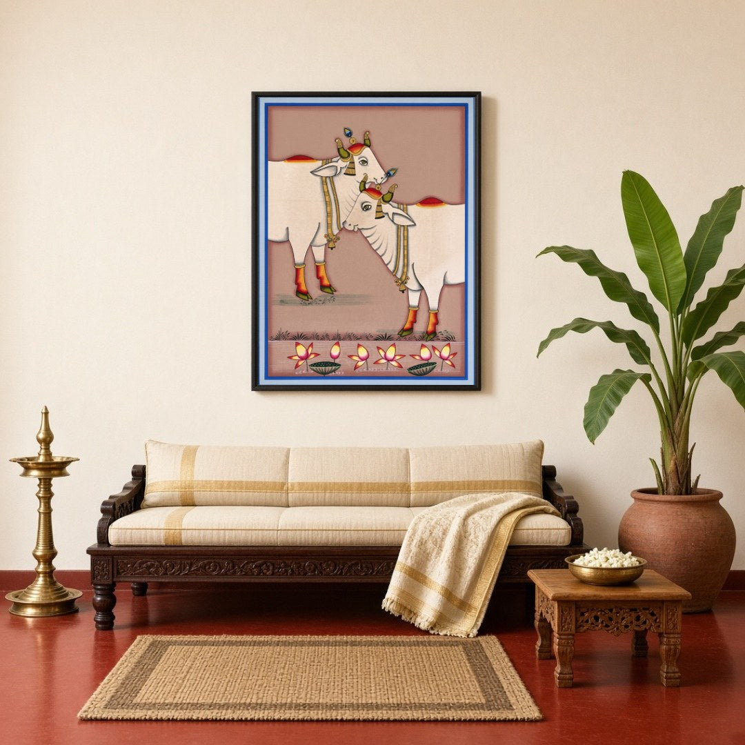 Experience the serene beauty of Kamdhenu as depicted in this exquisite Pichwai artwork. The for Living Room