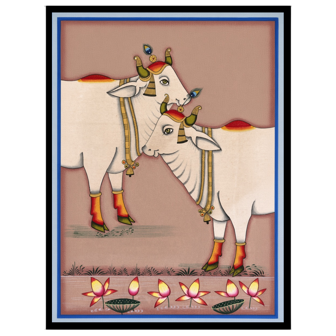 Experience the serene beauty of Kamdhenu as depicted in this exquisite Pichwai artwork. The for loft