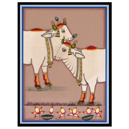 Experience the serene beauty of Kamdhenu as depicted in this exquisite Pichwai artwork. The for loft