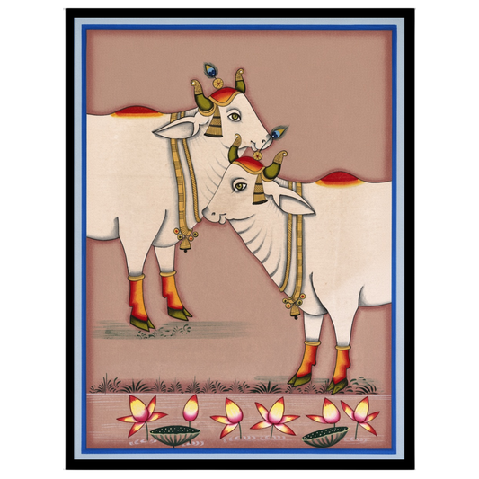 Experience the serene beauty of Kamdhenu as depicted in this exquisite Pichwai artwork. The for loft