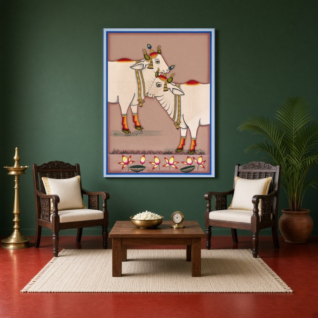 Experience the serene beauty of Kamdhenu as depicted in this exquisite Pichwai artwork. The for Sitting Area