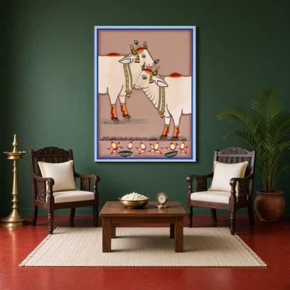 Experience the serene beauty of Kamdhenu as depicted in this exquisite Pichwai artwork. The for Sitting Area