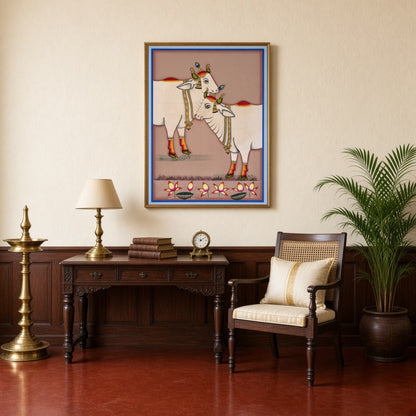 Experience the serene beauty of Kamdhenu as depicted in this exquisite Pichwai artwork. The for Study