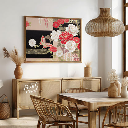 This artwork features a stylized depiction of floral and butterfly motifs, reminiscent of tradition… for dining room