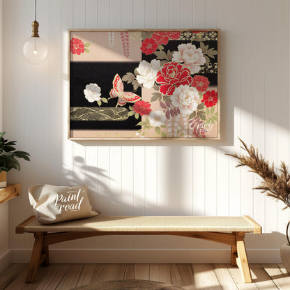 This artwork features a stylized depiction of floral and butterfly motifs, reminiscent of tradition… for entryway