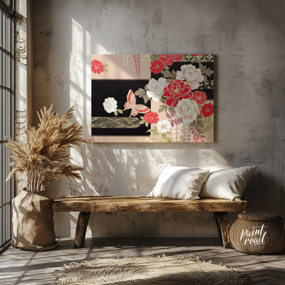 This artwork features a stylized depiction of floral and butterfly motifs, reminiscent of tradition… for entryway