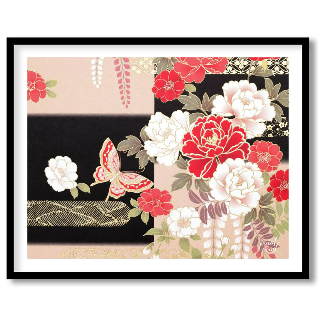 This artwork features a stylized depiction of floral and butterfly motifs, reminiscent of tradition… for home