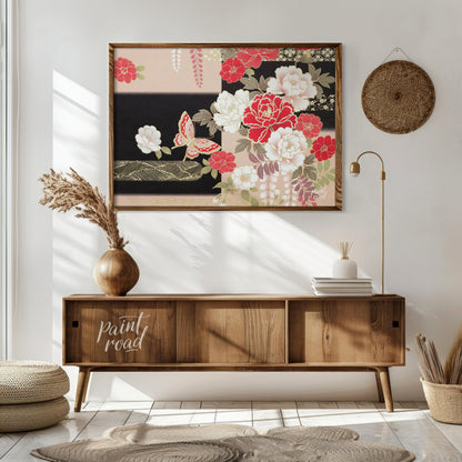 This artwork features a stylized depiction of floral and butterfly motifs, reminiscent of tradition… for living room