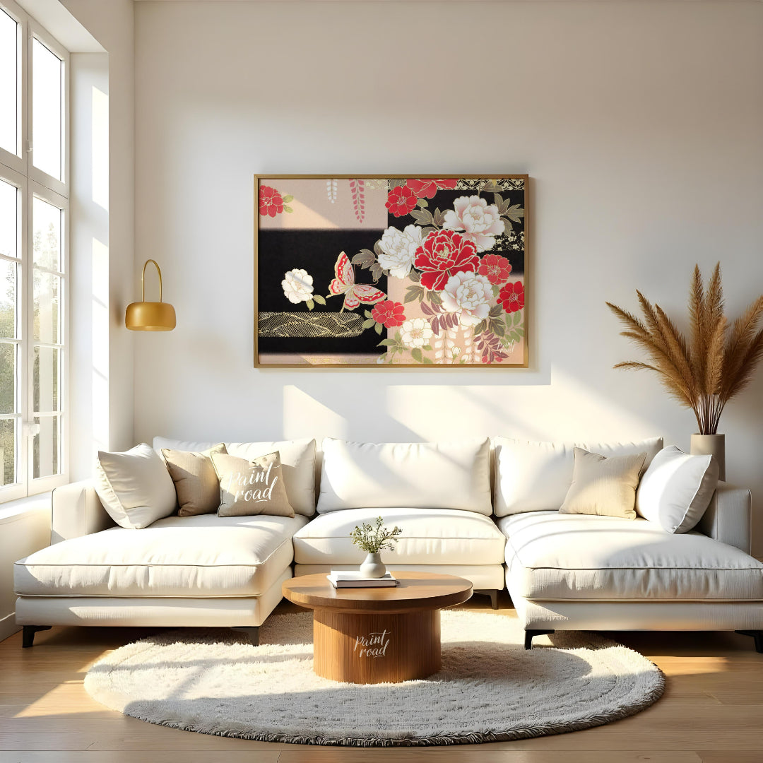 This artwork features a stylized depiction of floral and butterfly motifs, reminiscent of tradition… for living room