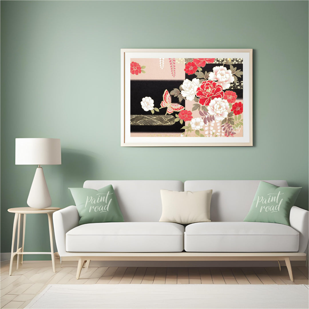 This artwork features a stylized depiction of floral and butterfly motifs, reminiscent of tradition… for living room