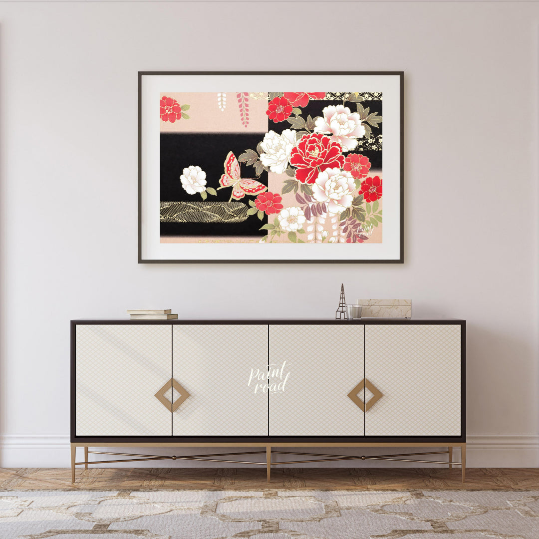 This artwork features a stylized depiction of floral and butterfly motifs, reminiscent of tradition… for living room