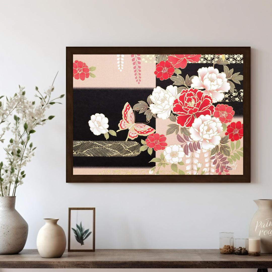 This artwork features a stylized depiction of floral and butterfly motifs, reminiscent of tradition… for living room