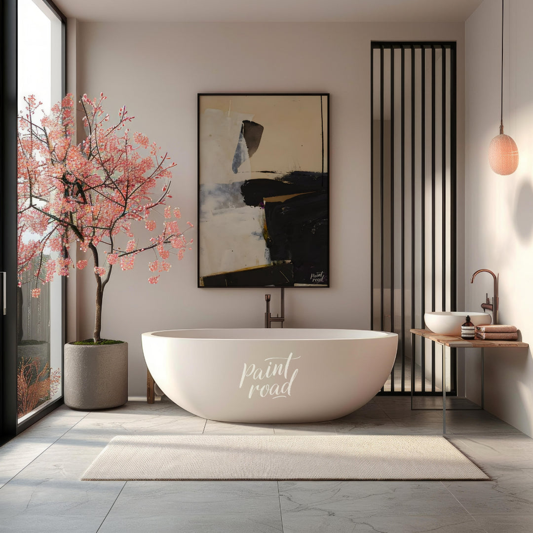 This artwork, reminiscent of Franz Kline's style, features a bold composition of black and white fo… for bathroom