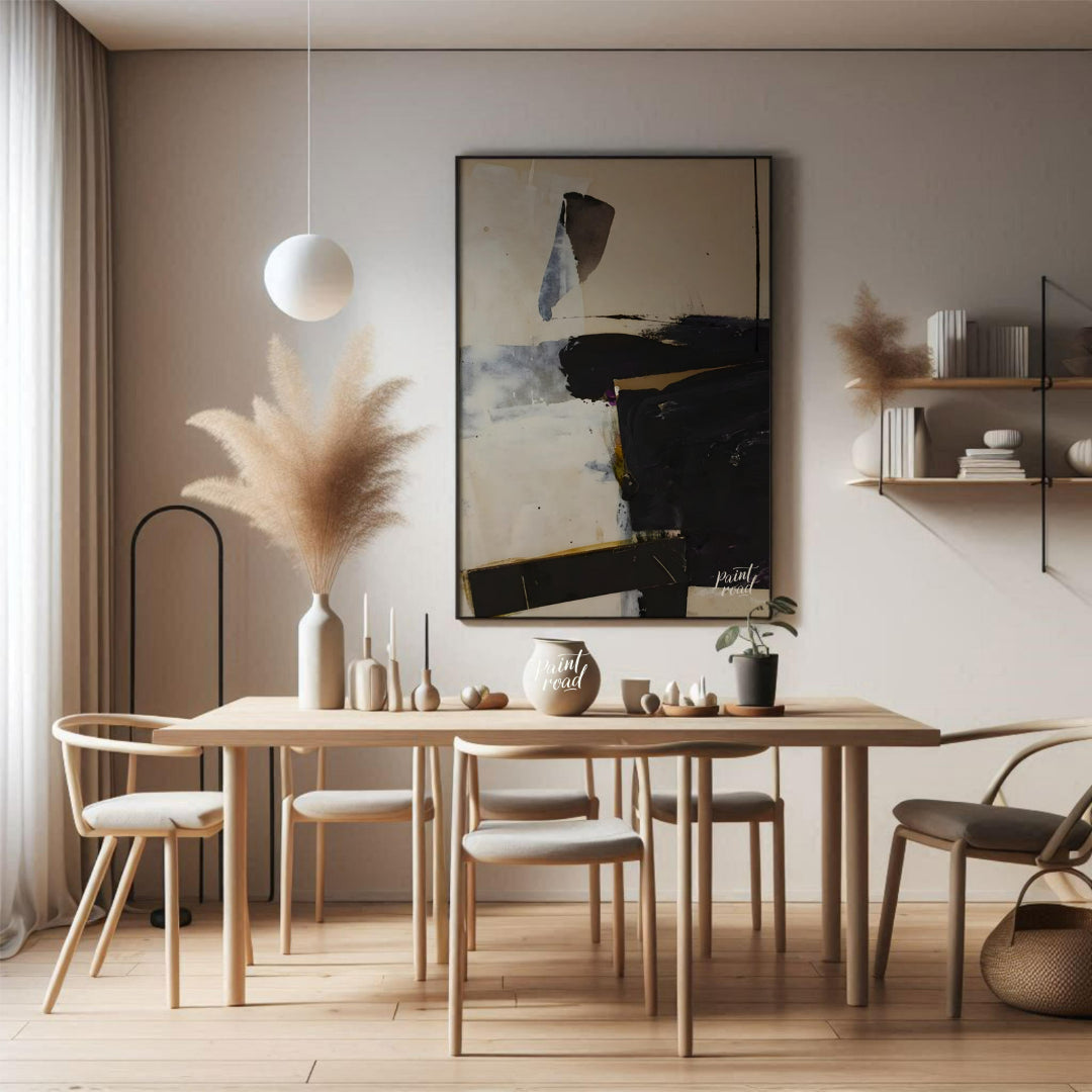This artwork, reminiscent of Franz Kline's style, features a bold composition of black and white fo… for dining room