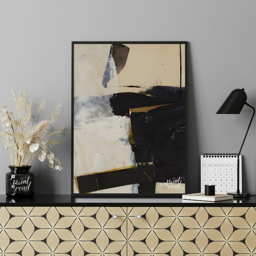This artwork, reminiscent of Franz Kline's style, features a bold composition of black and white fo… for office